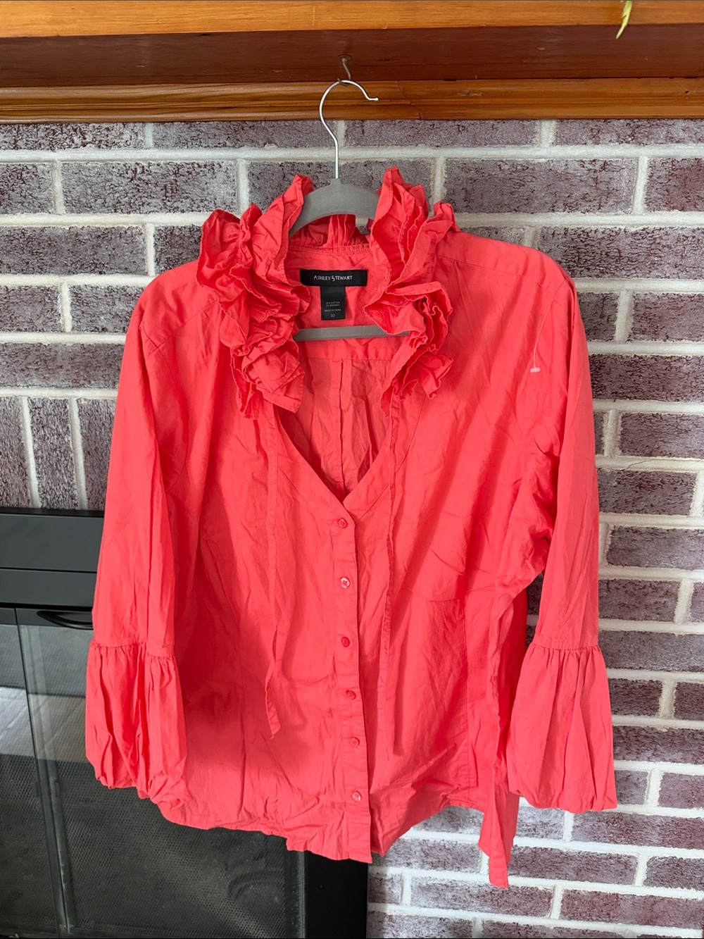 Ashley Stewart Coral Ruffle-Trim Button Front Blouse